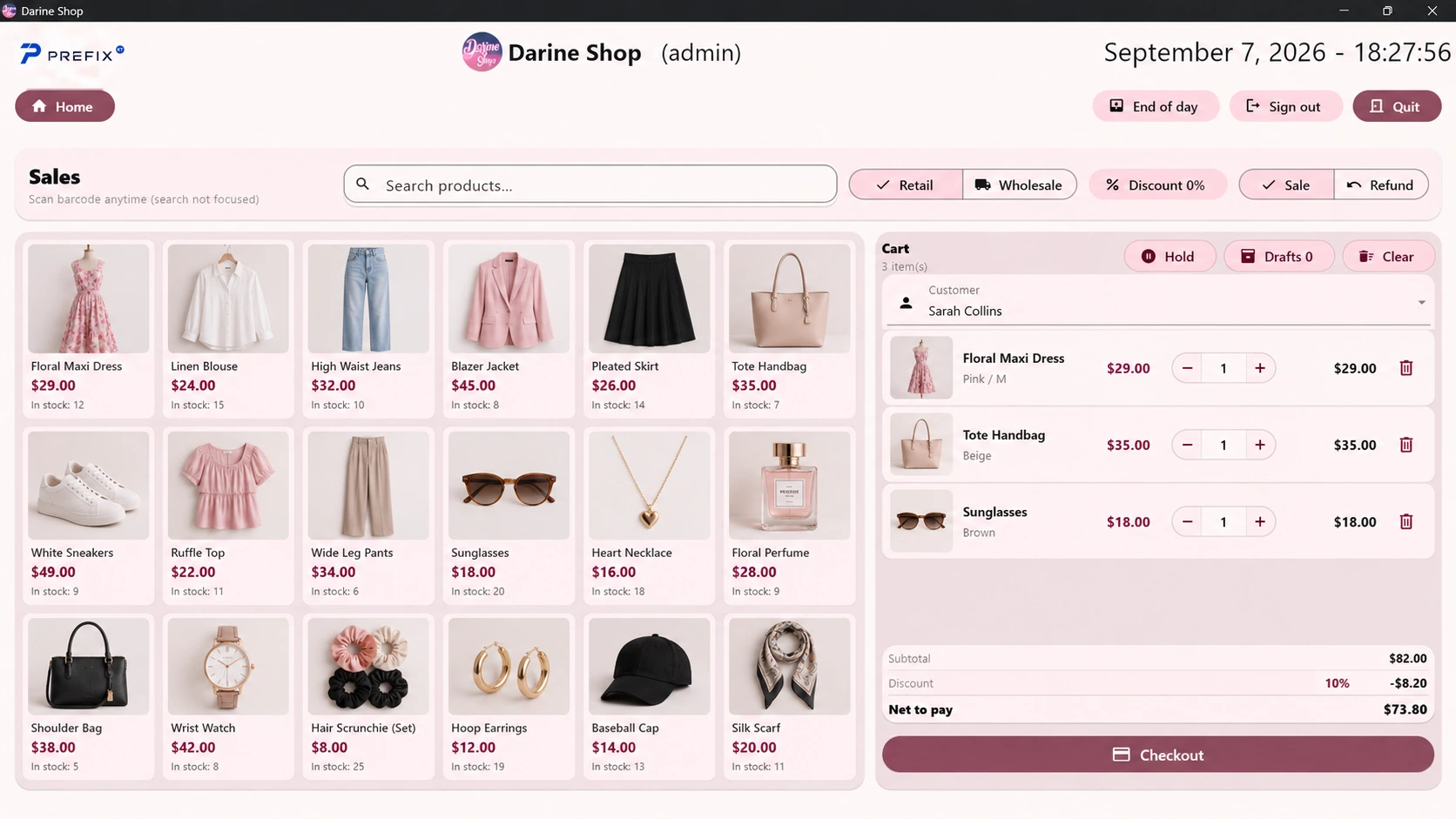Darine Shop POS sales screen with sample products and cart