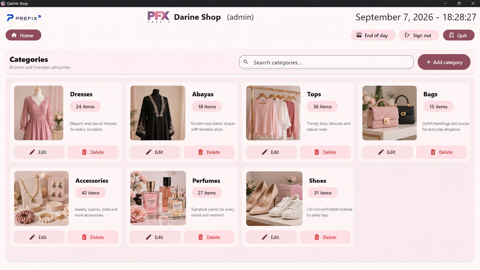 Darine Shop category management screen with sample data