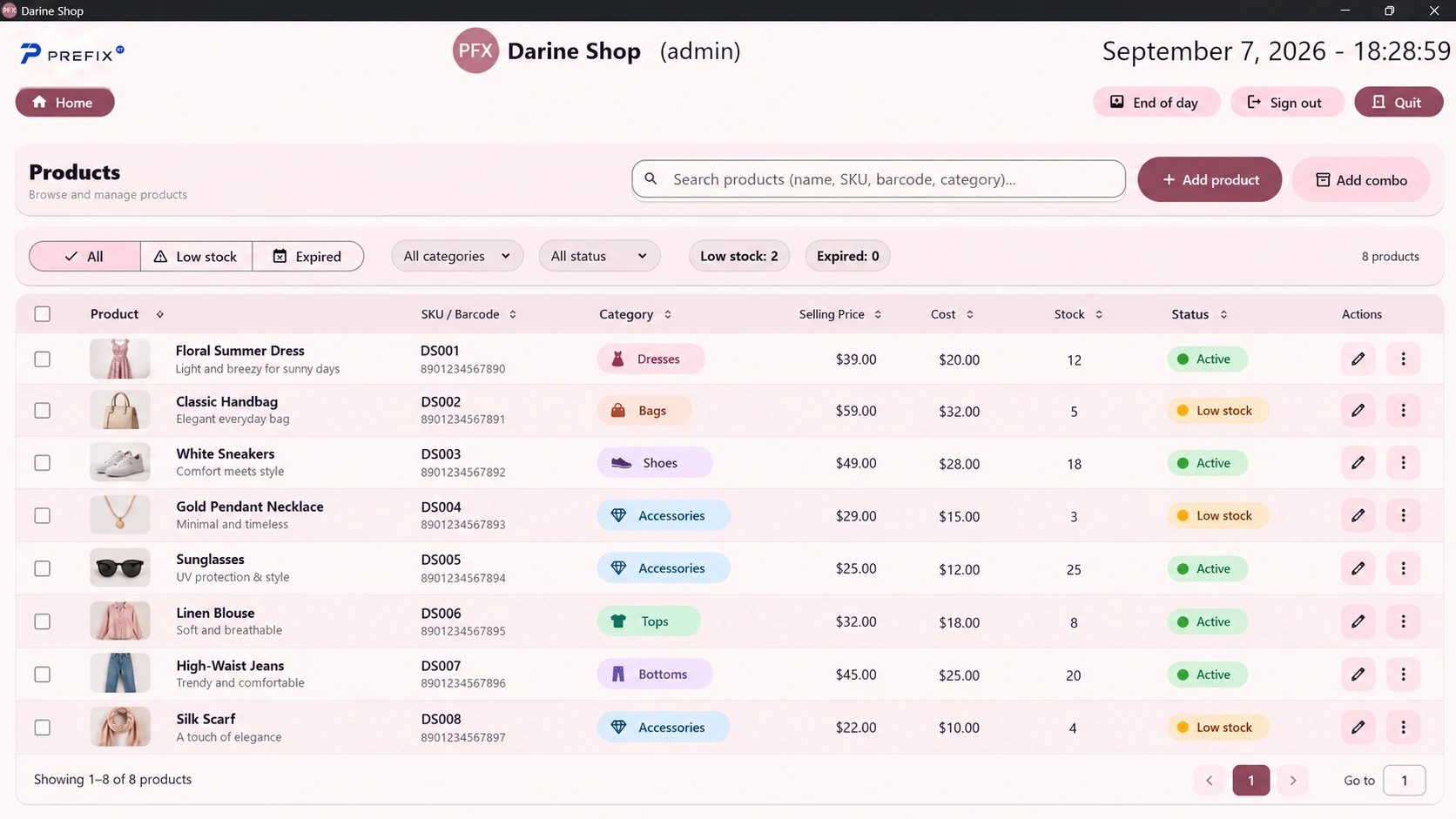 Darine Shop product management screen with sample data