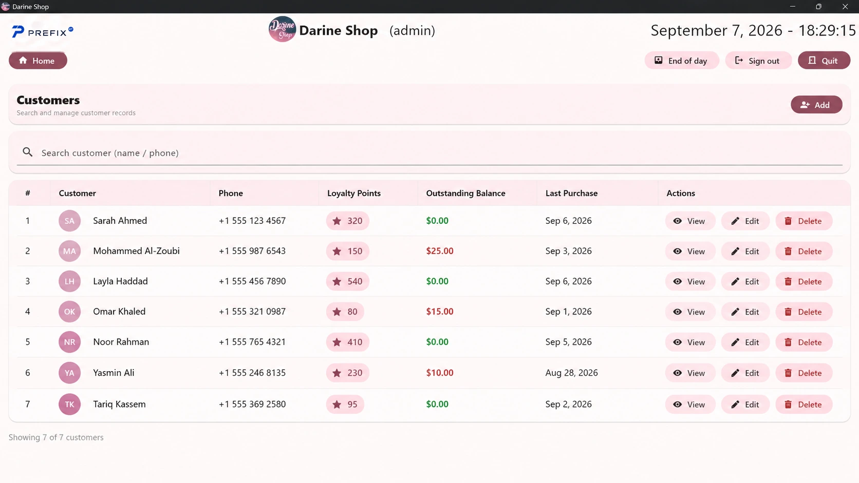 Darine Shop customer management screen with sample data