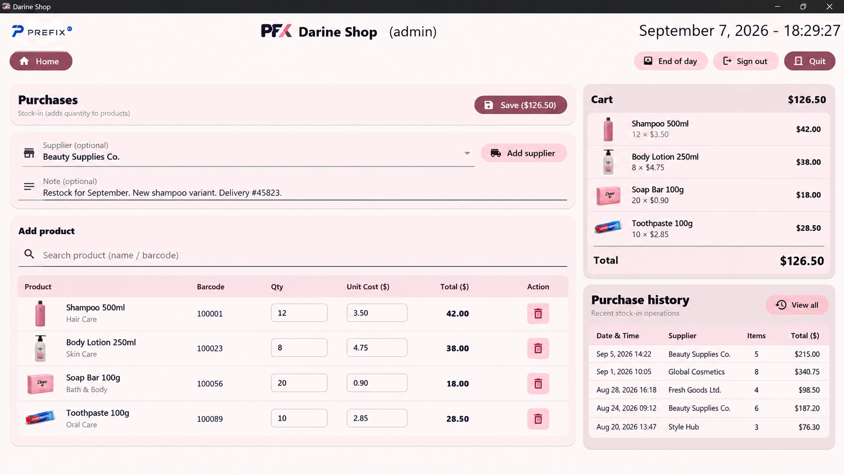 Darine Shop purchase and inventory screen with sample data