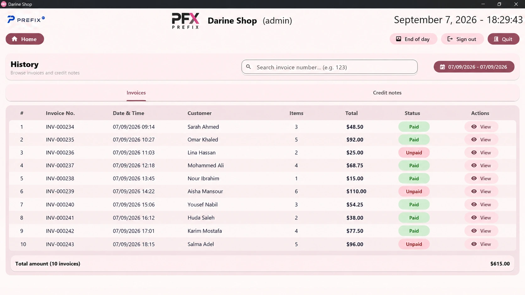 Darine Shop invoice history screen with sample data