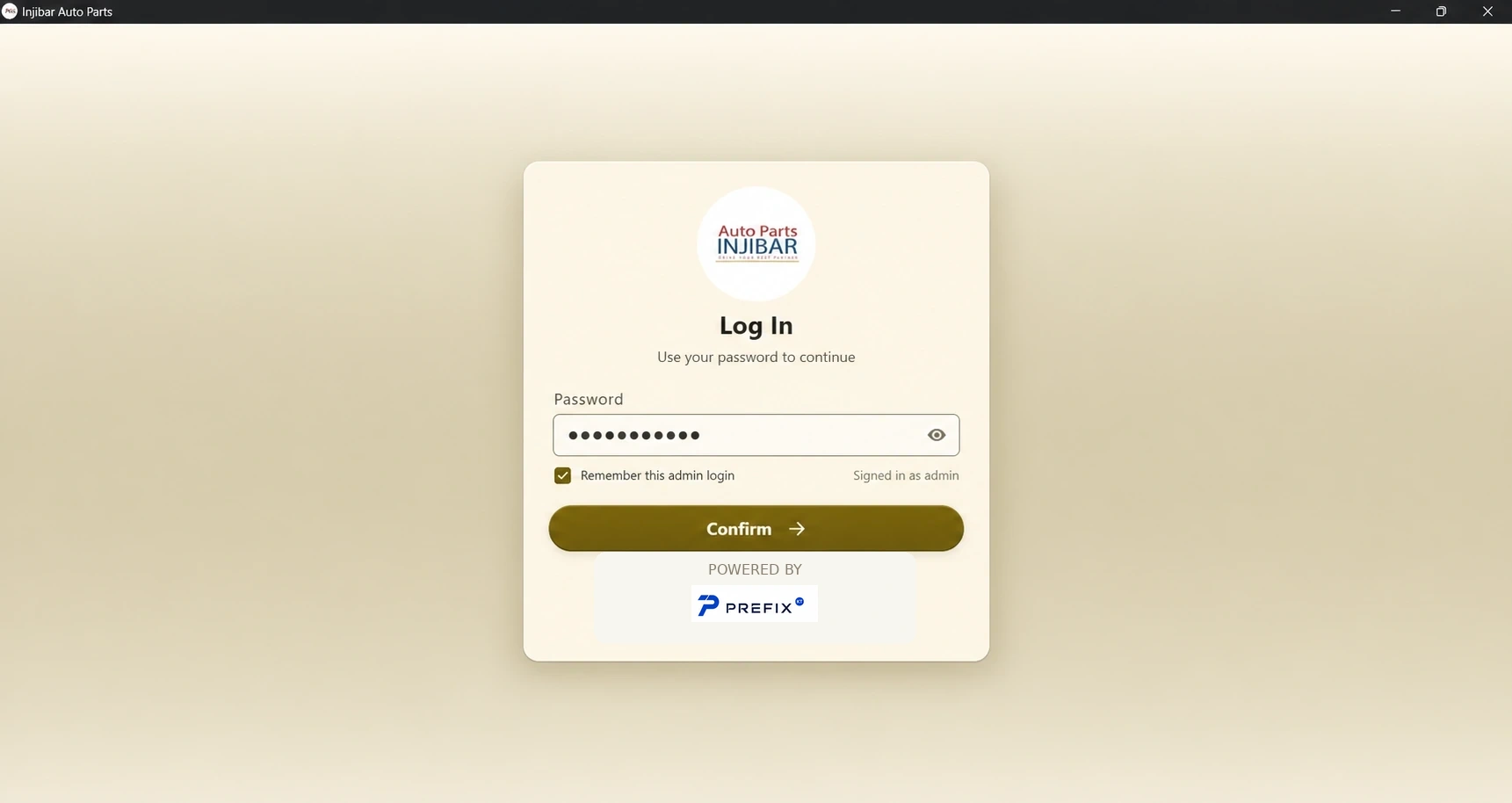 Injibar Auto Parts login screen