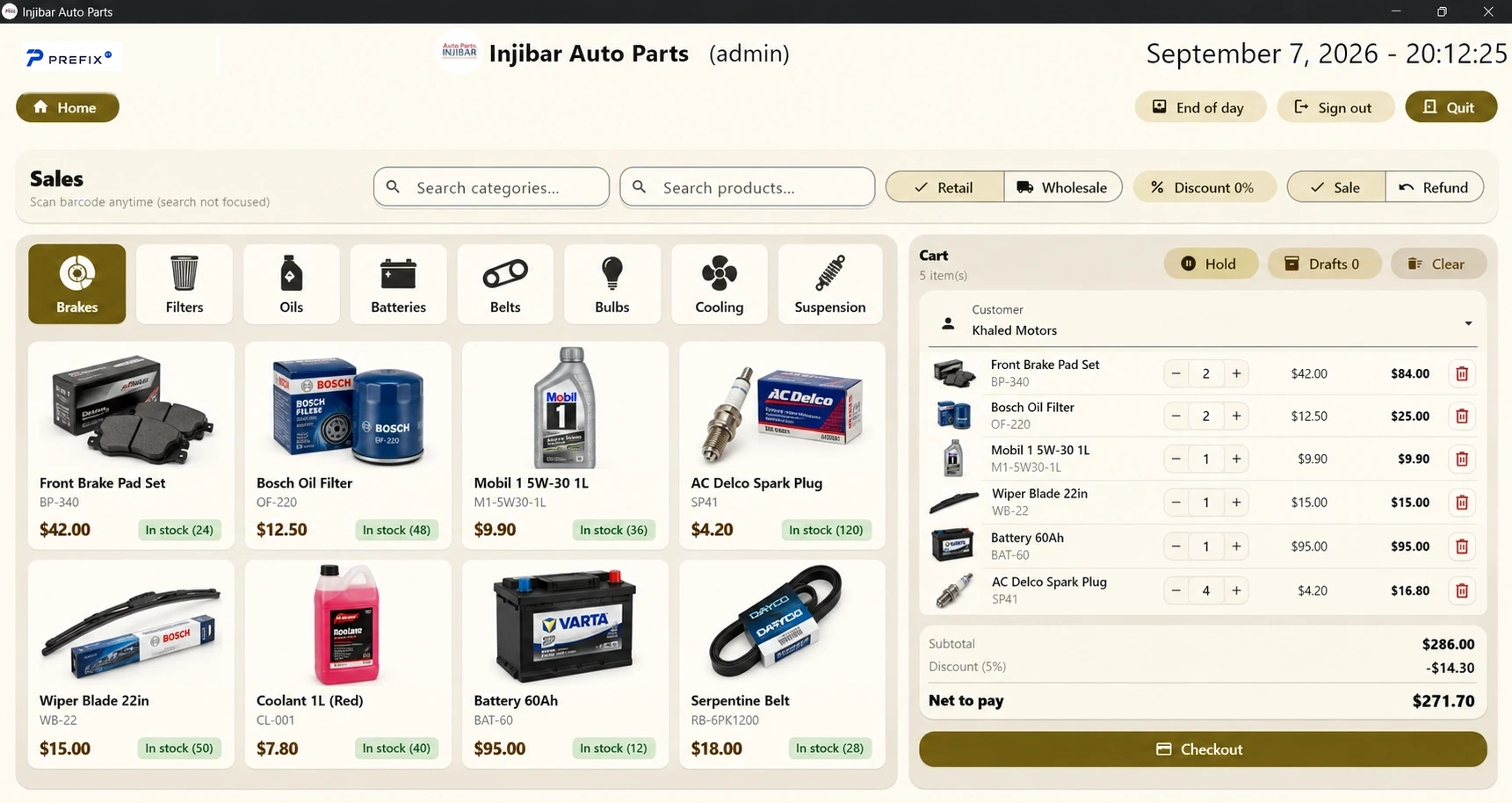 Injibar Auto Parts sales and POS screen with sample data
