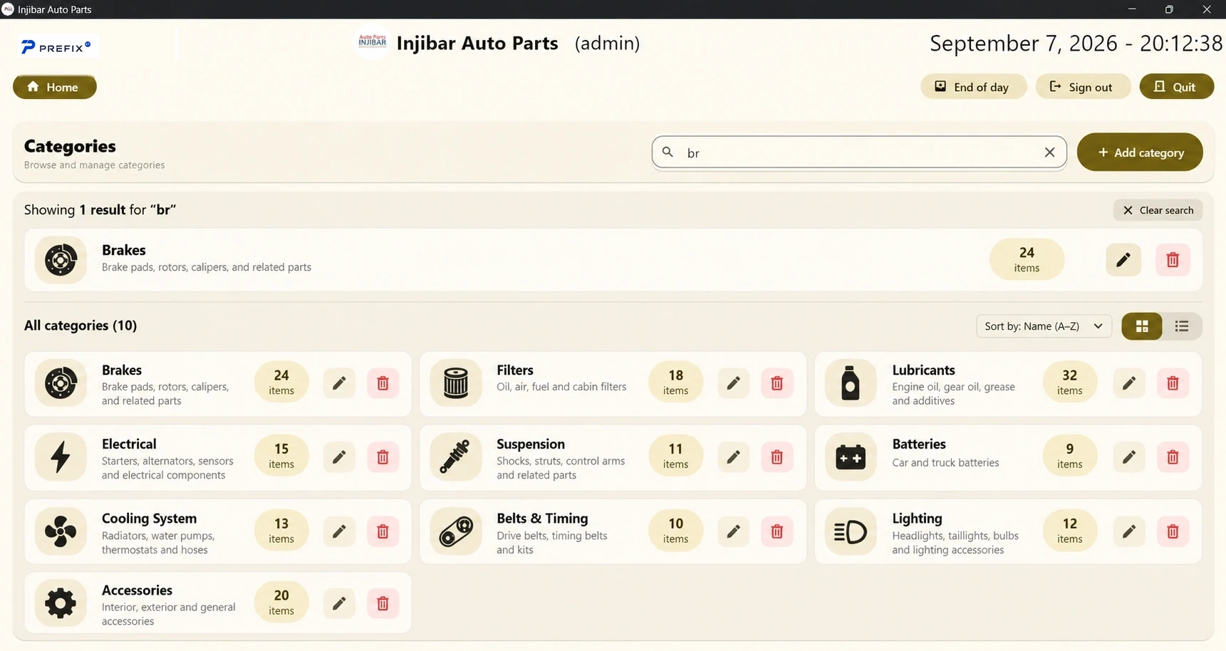 Injibar Auto Parts categories screen with sample data