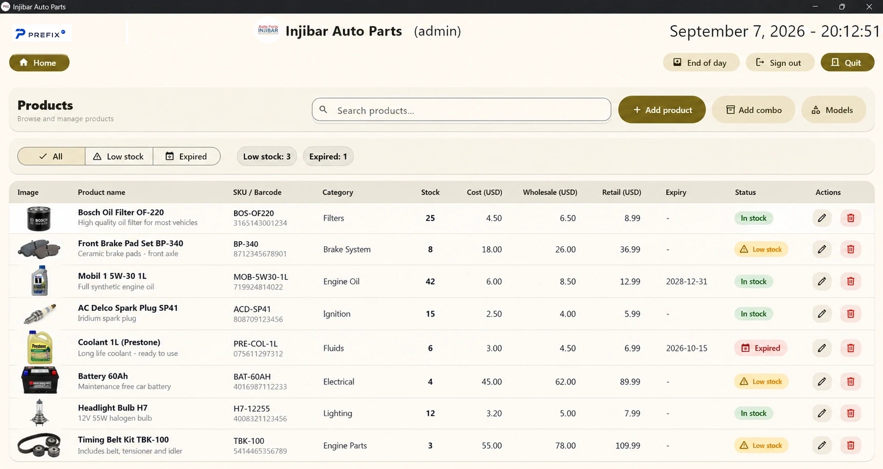 Injibar Auto Parts product inventory screen with sample data