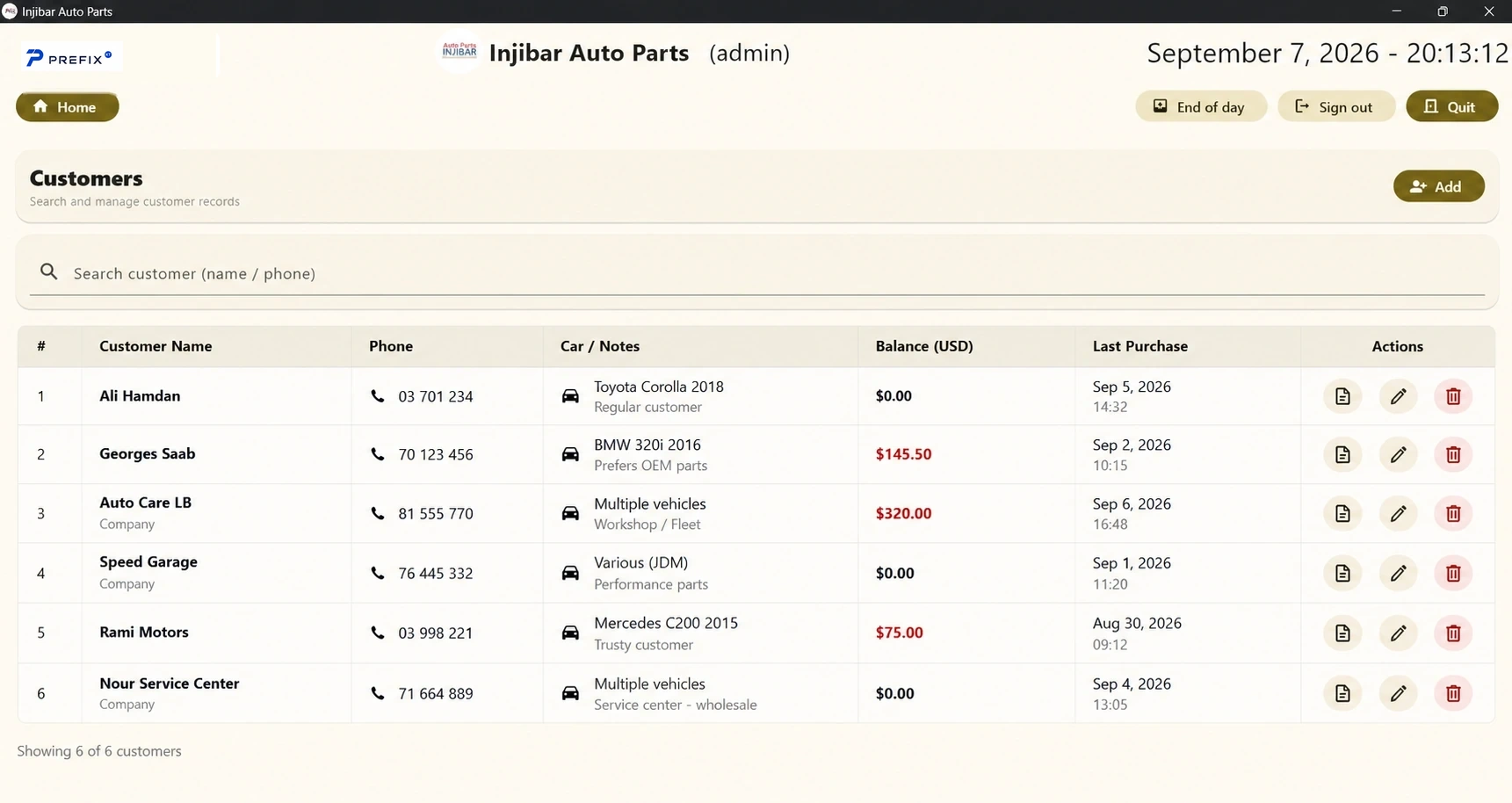 Injibar Auto Parts customer management screen with sample data