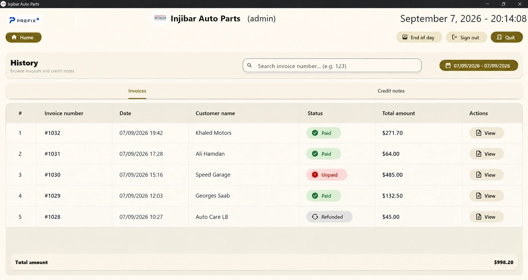 Injibar Auto Parts invoice history screen with sample data