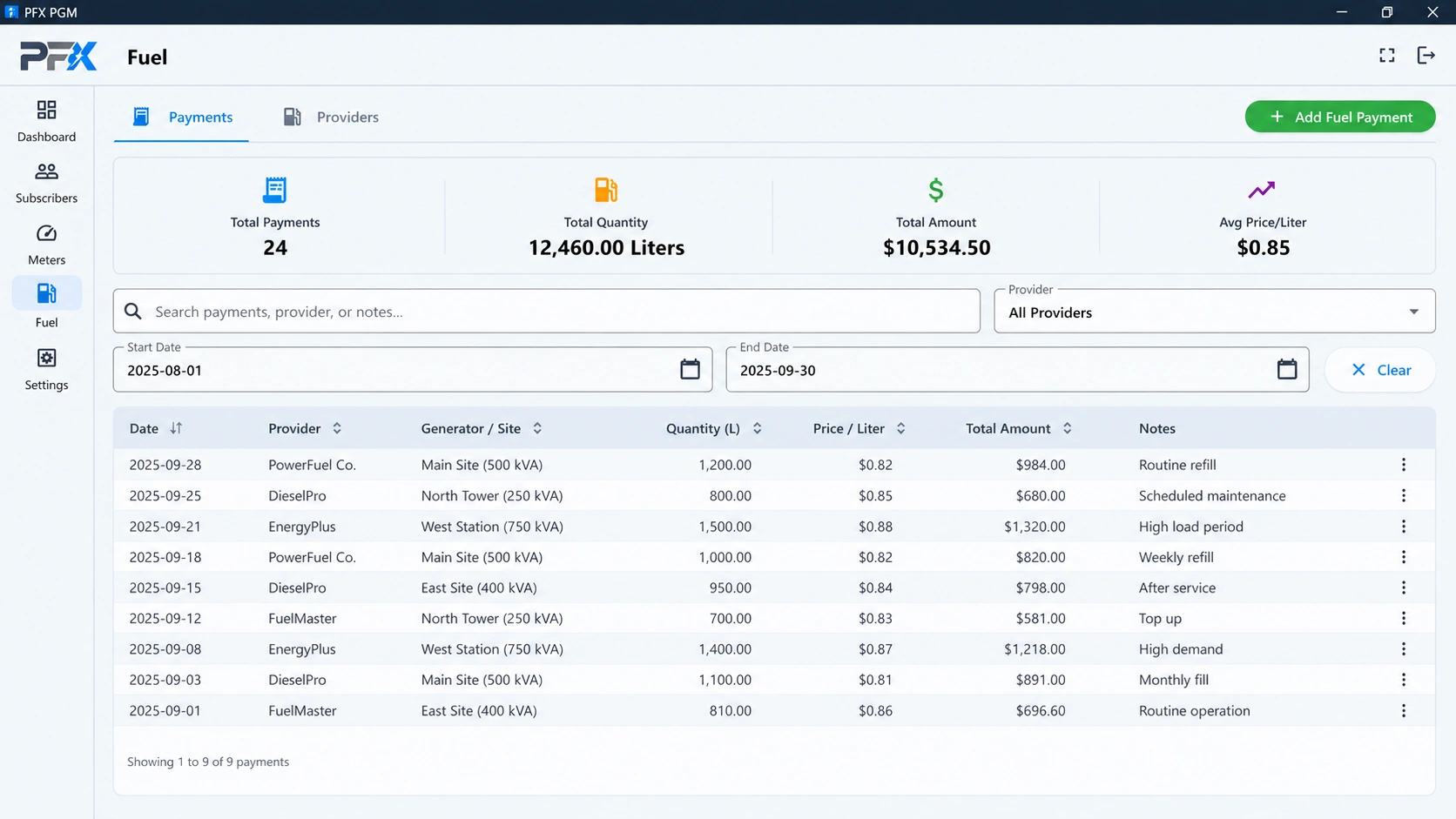 PFX PGM fuel payments screen with sample data