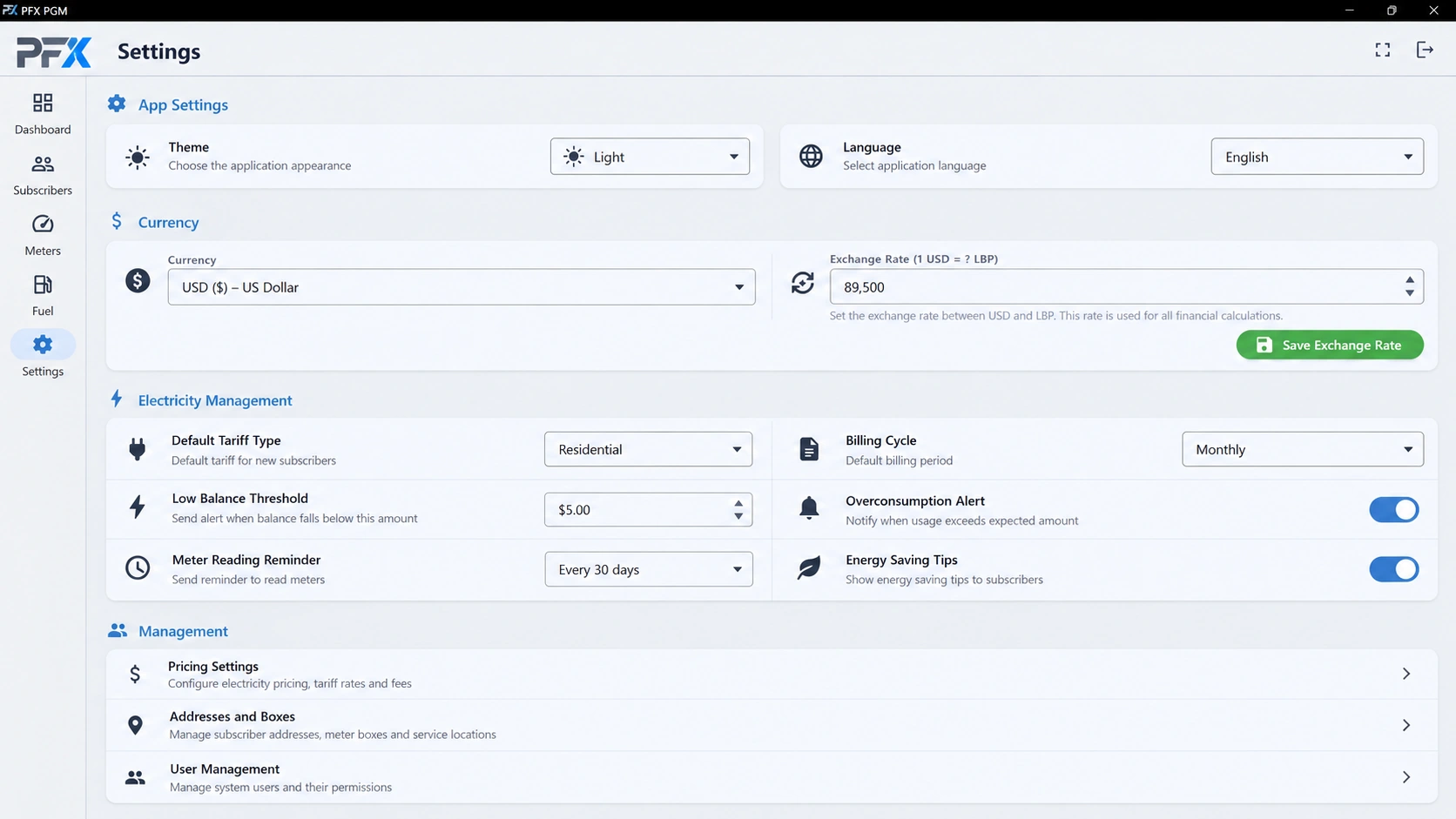 PFX PGM settings screen with sample data